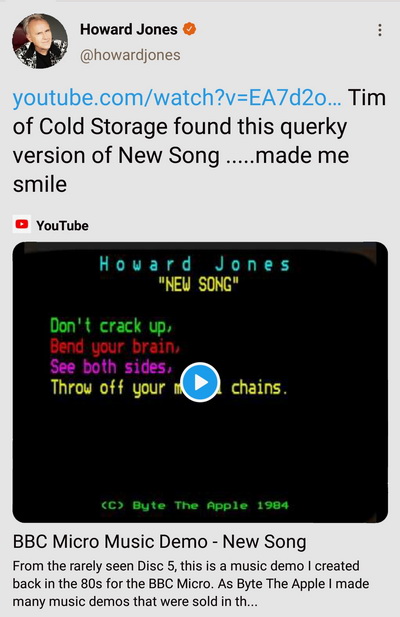 Howard Jones' original tweet